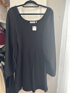 Zara Black Long-Sleeve Pleated-Sleeve Fit & Flare Dress